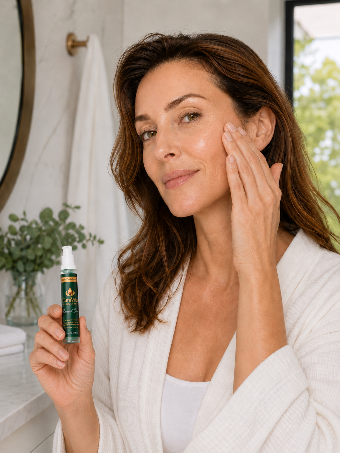 A woman applying CureVita Renewal Serum during her skincare routine